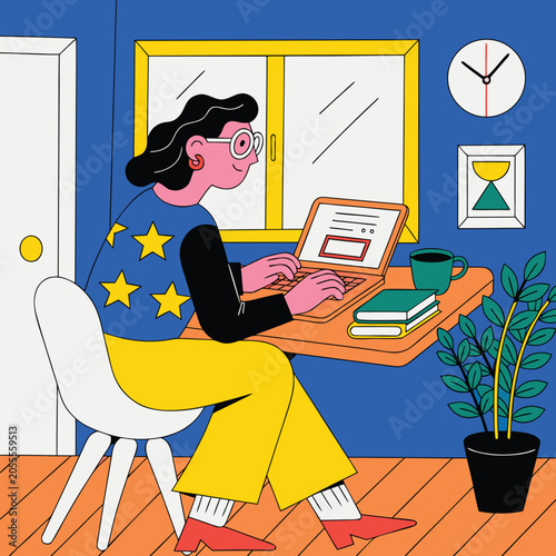 Woman working on laptop at a bright desk