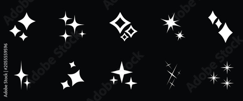 Ten distinct white sparkle and star shapes including diamond and starburst forms on a bright black background. eps10.