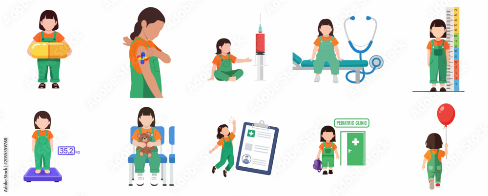 Fototapeta premium Pediatric healthcare flat vector illustration set featuring a little girl at a medical clinic for vaccination, health checkup, growth measurement, and medicine treatment.