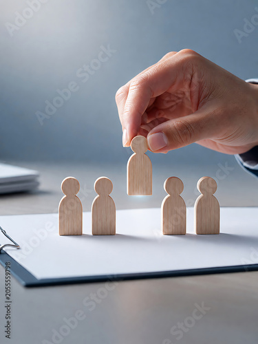 Hand selecting a wooden person figure from a group on a clipboard selection recruitment