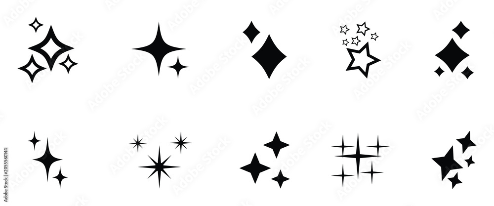 Fototapeta premium Sparkle and Star Icons Set Vector Glow Shine Effects Symbols. Various shapes and sizes starbursts glitters for effect. Celebration, magic, shine, highlight. 