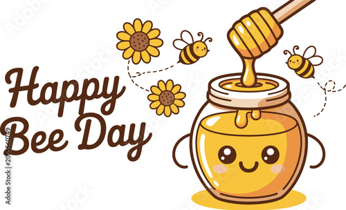 Canvas Print “Cute cartoon honey jars with smiling faces, buzzing bees, dripping honey dippers, and sunflowers under Happy Bee Day text”“Cute cartoon honey jars with smiling faces