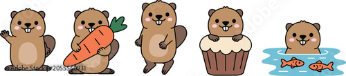 Bild auf Leinwand “Cute cartoon beavers in playful scenarios holding carrot, sitting in cupcake, waving, and relaxing in tub with fish”“Cute cartoon beavers in playful scenarios holding carrot