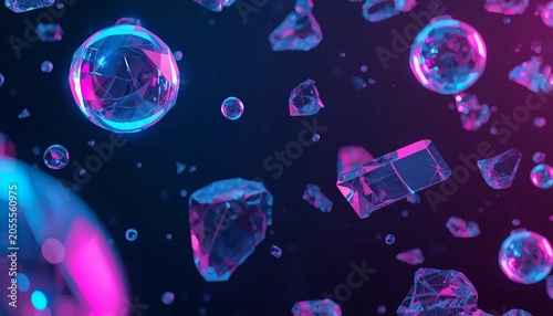 Floating complex geometric spheres and translucent glass shards with neon blue lighting