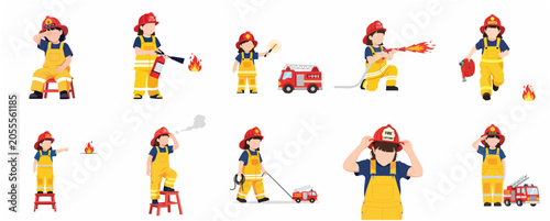 Set of little girl firefighter characters in various poses, from extinguishing fire to playing with toy trucks, vector illustration of child career aspirations.