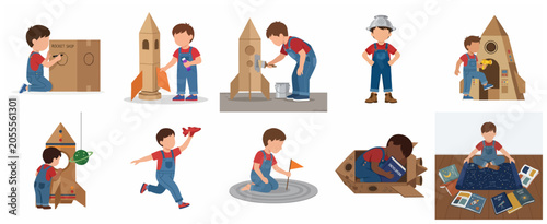 Set of illustrations depicting a creative boy building, painting, and playing with a DIY cardboard rocket ship, exploring space through imagination and learning.