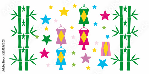 Bamboo stalks colorful star and lantern vector illustration on white background