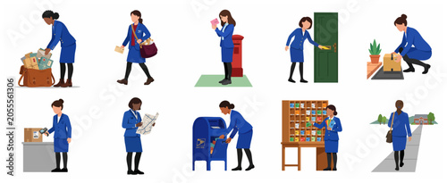 Female postal workers delivering mail and packages set of vector illustrations