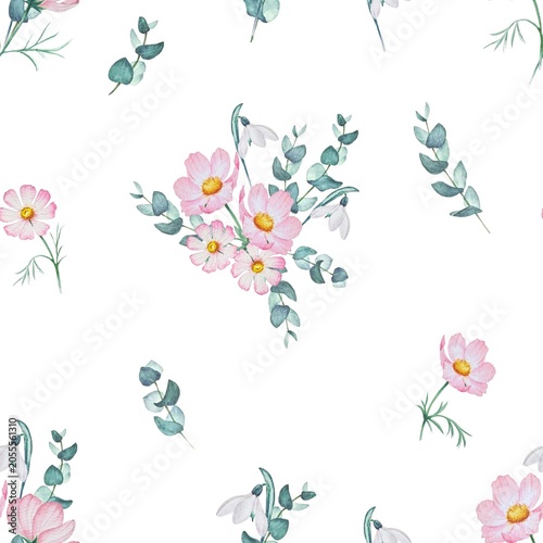Seamless watercolor pattern with set pink cosmos flowers, branches leaves eucalyptus repeating on white background. Plant design for textiles, wallpapers, cards and packaging.