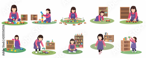 Vector illustration set of a little girl playing with toys, building blocks, reading books, and crawling in a playroom. Early childhood development and educational activities concept.