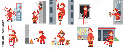 Set of Cute Firefighter Character Vector Illustrations in Various Rescue and Fire Safety Actions