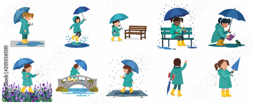 Collection of flat vector illustrations of a little girl in a green raincoat and yellow boots playing and performing activities in the rain with a blue umbrella.