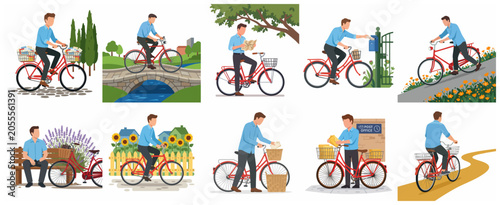 Vector illustration set of a postman delivering mail on a red bicycle across various urban and natural landscapes