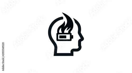 Burnout concept with head and battery icon showing emotional depletion isolated on white background clean centered