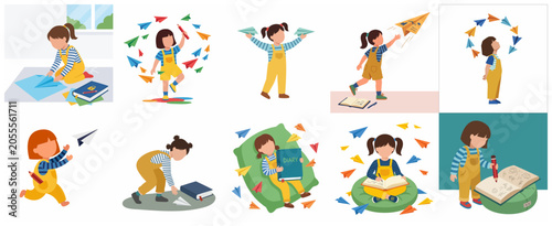 Set of vector illustrations featuring a creative little girl playing with paper planes, drawing in a notebook, and keeping a diary, representing childhood imagination and learning.