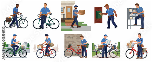 Collection of professional postman characters delivering mail and packages by foot and bicycle. Set of postal service worker vector illustrations in various delivery scenarios.