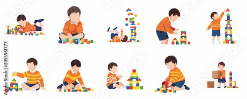 Set of little boy character playing with colorful building blocks in various poses. Preschooler child learning through play and early education concept flat vector illustration.