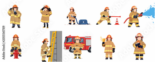 Collection of cute little firefighter character illustrations in different poses and actions, from rescuing a cat to spraying water.