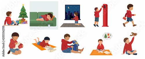 Collection of vector illustrations featuring a young boy engaging in various Christmas holiday activities, from writing a letter to Santa to opening gifts and dreaming of festive wonders.