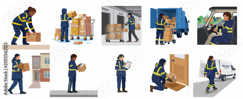 Set of delivery service workers characters in uniform loading, driving, and delivering parcels for logistics and shipping concepts.