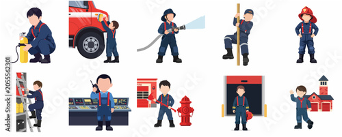Set of flat illustrations of a young firefighter character in various poses and scenes, from fighting fire with a hose to maintaining equipment and working at the station