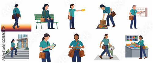 Set of Female Postal Workers and Mail Carriers Delivering Letters and Packages in Flat Vector Illustration Style