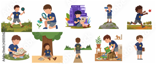 Set of little boy character exploring nature, observing insects with magnifying glass, reading books, and packing for outdoor adventure illustrations.
