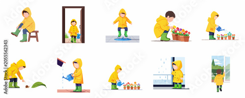Photos Set of flat illustrations of a little boy in a yellow raincoat and green boots p