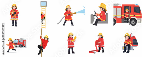 Set of Cute Little Girl Firefighter Character Illustrations in Various Professional Actions and Scenes