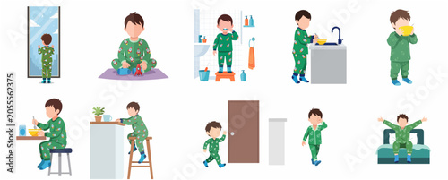 Daily morning routine set of a little boy in green pajamas, vector illustration of child's everyday activities