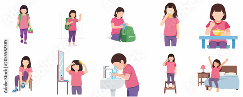 Little Girl Daily Morning Routine Vector Illustration Set for School Preparation