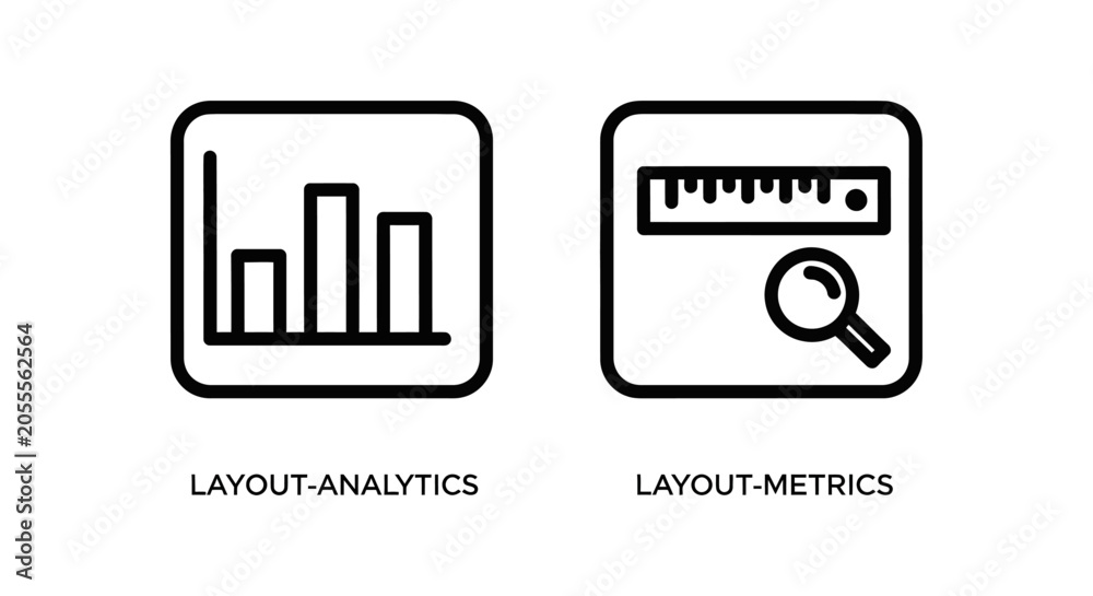Fototapeta premium Layout analytics and layout metrics line art icons for web and data analysis with analytics magnifying analysis statistics measurement business development interface optimization