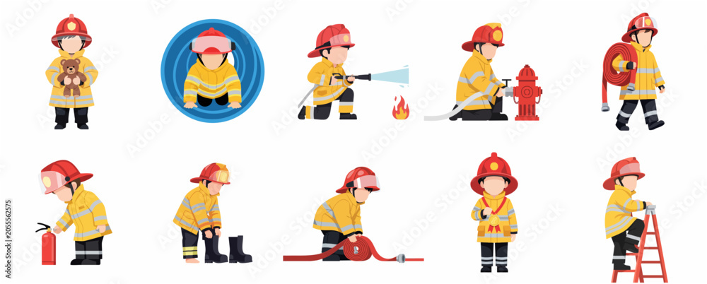 Fototapeta premium Set of firefighter children characters in yellow uniform performing various rescue duties, flat vector illustration