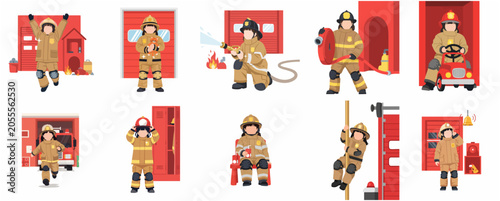 Foto Set of cute child firefighter character illustrations in various poses and fire