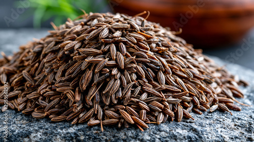 Cumin seeds piled into a dense elongated mound on unpolished black granite, ridged elongated achenes packed tightly with visible striations, Cuminum cyminum macro spice detail, earthy aromatic backd