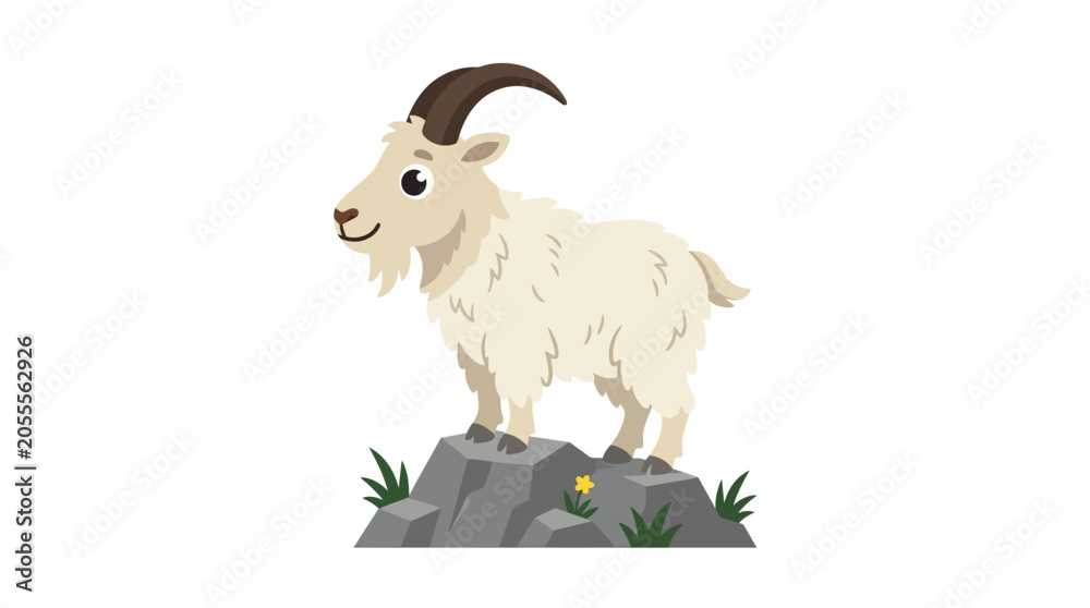Fototapeta premium Fluffy white mountain goat standing on a rock.