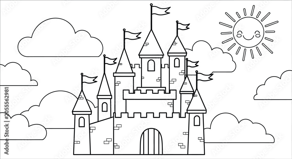 Naklejka premium Castle coloring book page intricate fairytale illustration for kids and adults printable activity