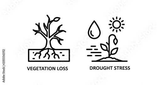 Vegetation loss and drought stress environmental impact outline icons with vegetation environmental desertification agricultural conservation degradation protection minimalist