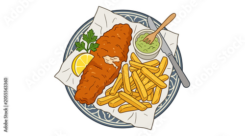 Photos Traditional British fish and chips with lemon and dip.