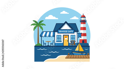 Schilderij op canvas Colorful seaside cafe with lighthouse and sailboat vector illustration