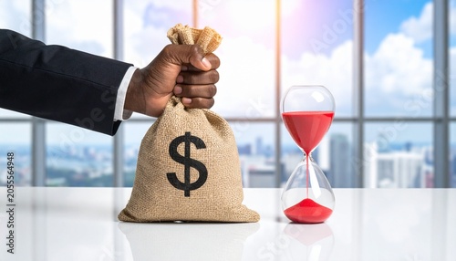 A hand in a suit holding a burlap money bag with a dollar sign on it, next to a red hourglass on a table, with a city view in the background