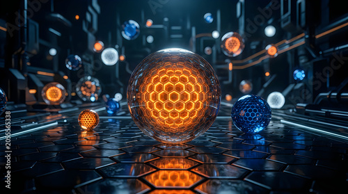 Glowing honeycomb spheres in futuristic room