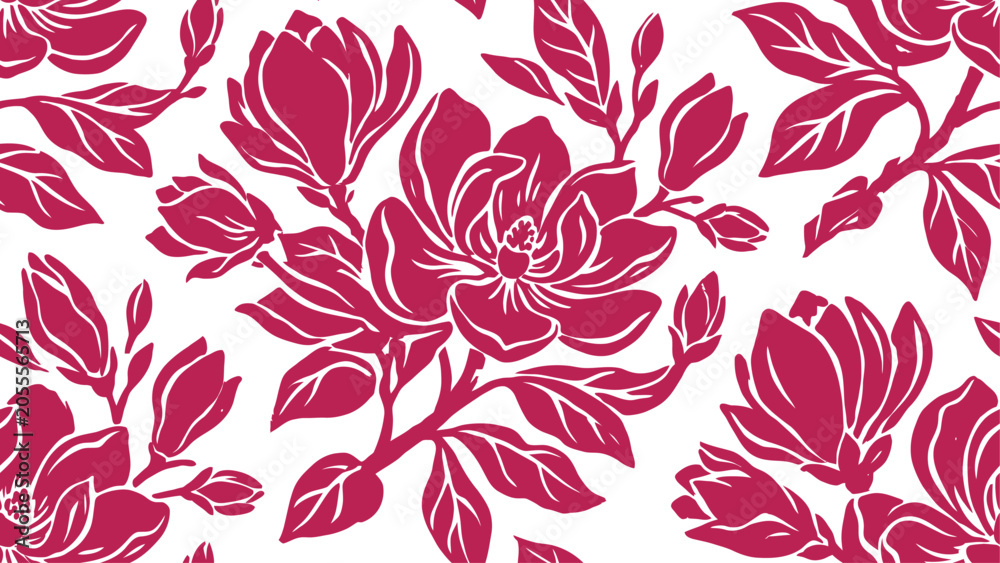 Fototapeta premium Vibrant magenta rose and leaf botanical pattern on white background for design projects.
