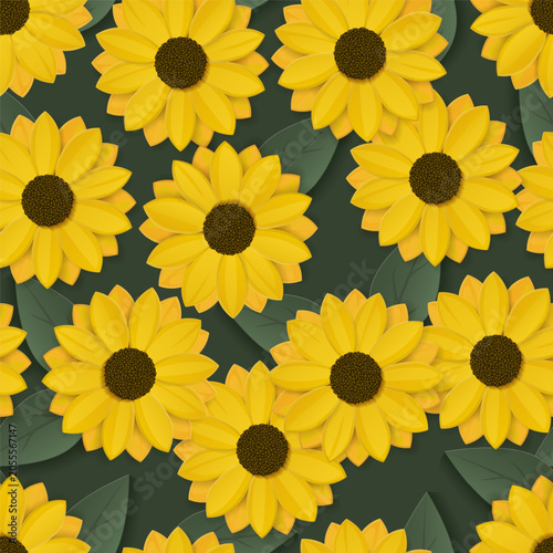 Seamless vector pattern of yellow flower and green leaves.