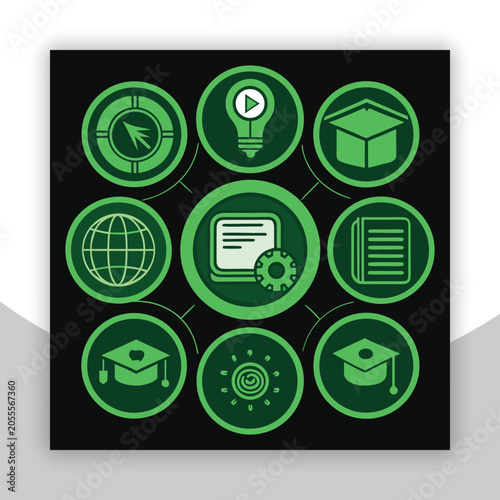 Green digital education and technology online learning network icon set