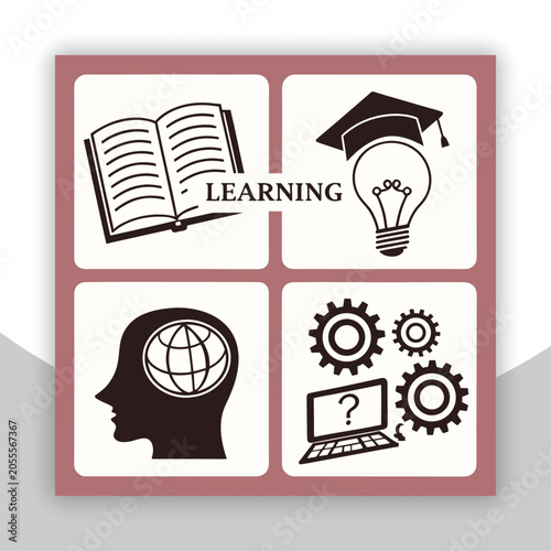Educational Icons Set Featuring Open Book Graduation Cap Lightbulb and Global Knowledge Design