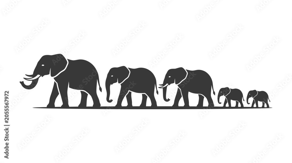 Fototapeta premium Black silhouette of an elephant family walking together.
