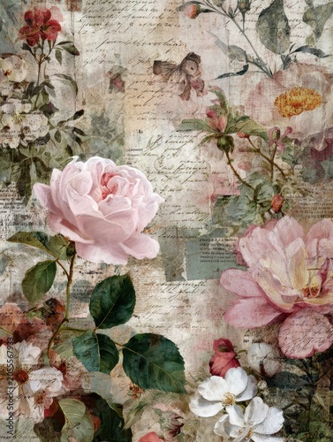 Vintage floral collage with roses and script background