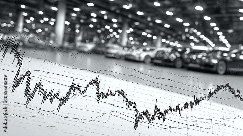 Obraz premium Stock Market Fluctuation in Car Dealership: A monochrome image showcasing a financial graph superimposed on a backdrop of cars in a dealership.