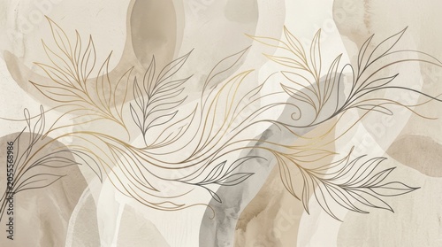 Elegant gold and brown line art of leaves on abstract watercolor background